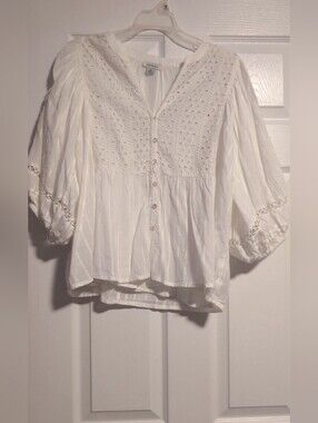 Sundance White Eyelet Lace Panel Button Front Babydoll Blouse Balloon Sleeve